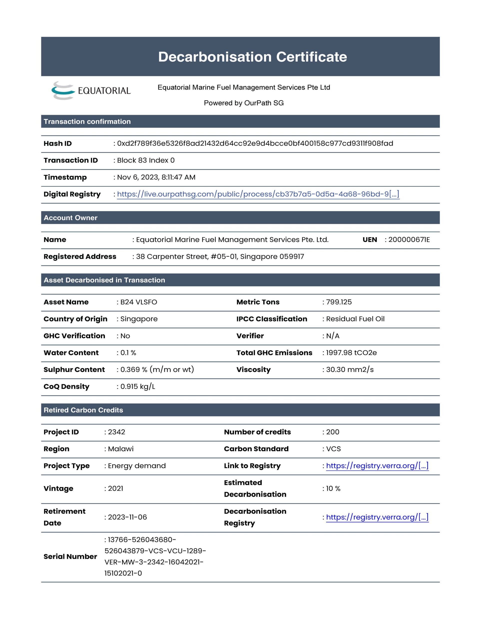 Cert Decarbonisation Certificate For Biofuel B24 VLSFO Trial 31 Oct 23 Blank Off Page 1 Scaled